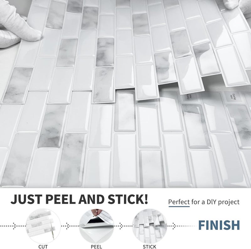 DEWOO Kitchen Backsplash Self Adhesive Wall 3D Marble Tiles Peel and Stick Bathroom, Grey (10-Sheet, 12"×12") - Image 5